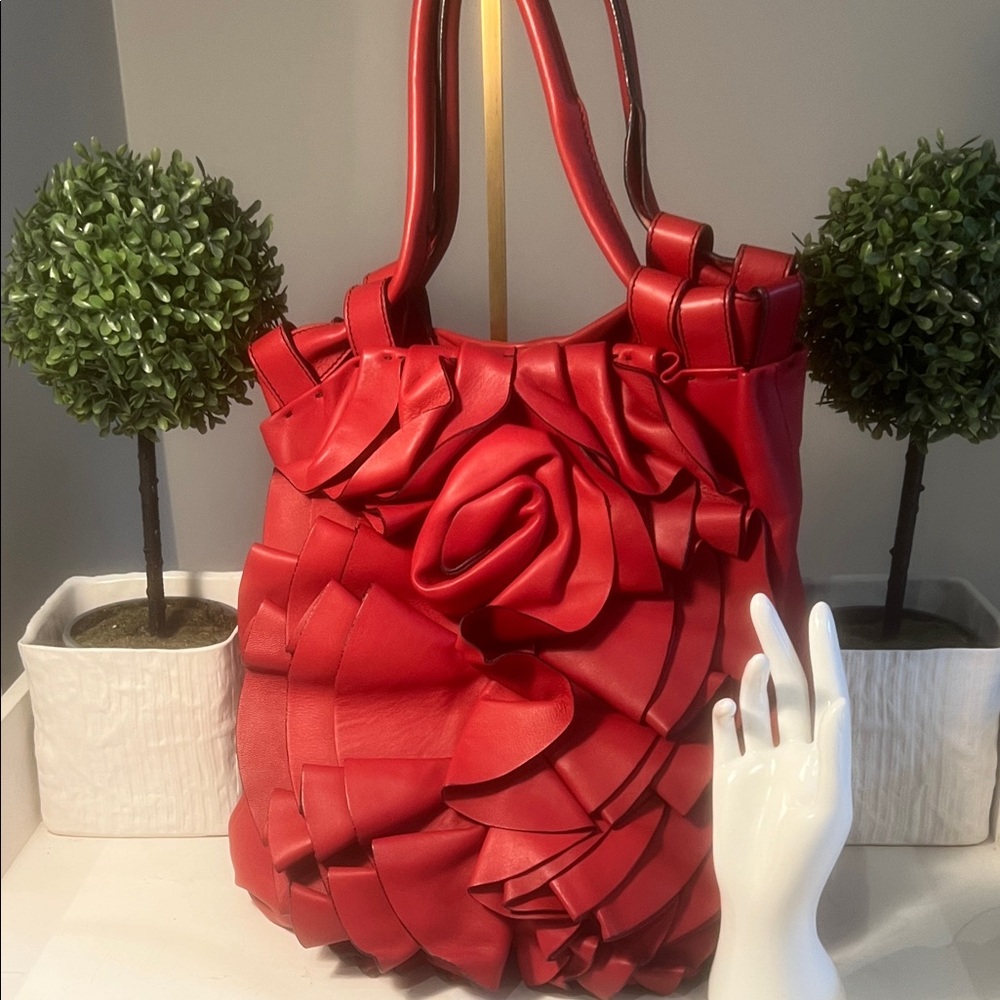 Valentino Garavani Red Ruffled Tote Bag